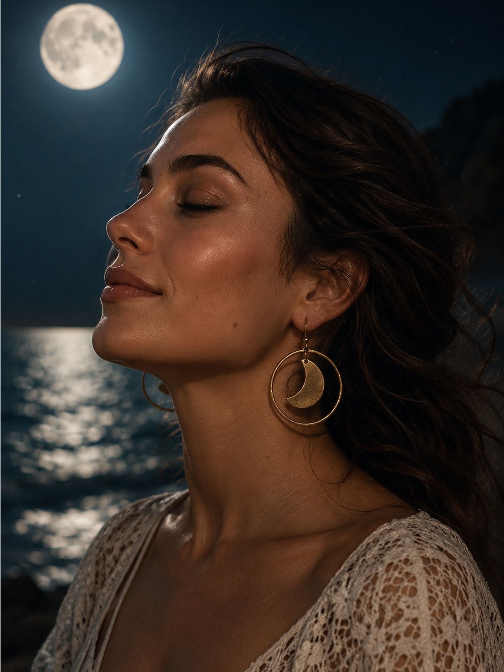 Gold Boho Crescent Moon Hoop Earrings With French Hooks